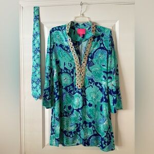 Lilly Pulitzer Blue and Green Floral Dress with Matching Men’s Tie